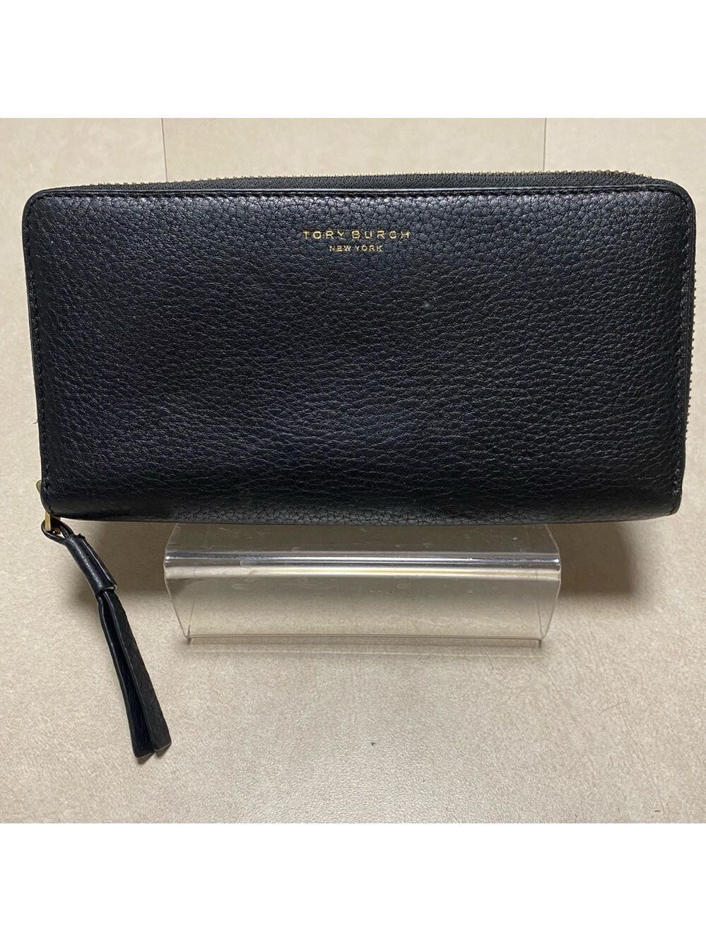 Tory Burch Black Pebbled Leather Wallet Zip around